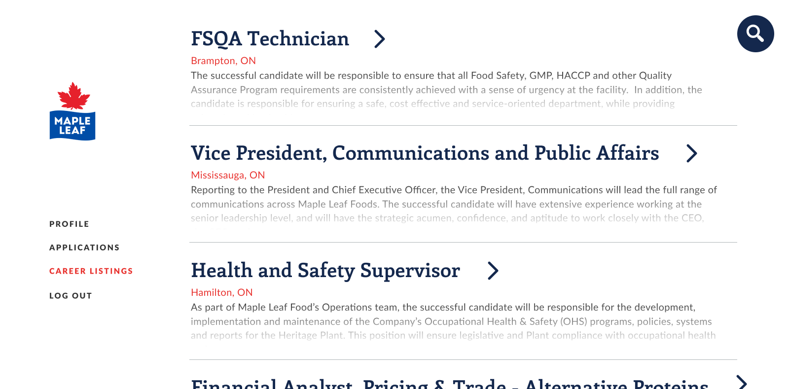 Maple Leaf Careers - desktop list view