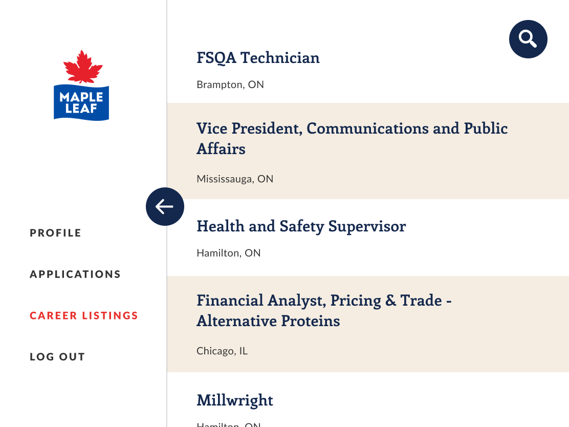 Maple Leaf Careers - tablet list view
