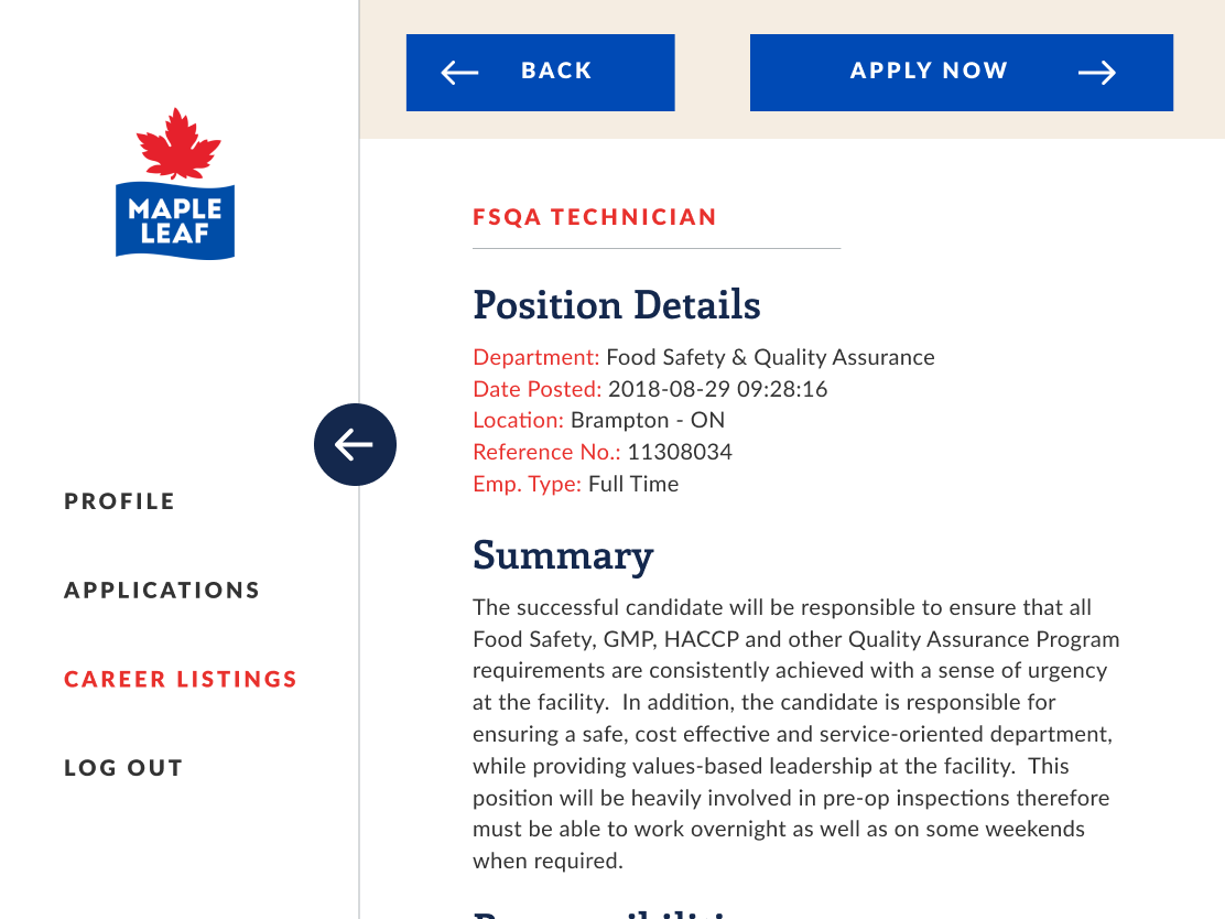 Maple Leaf Careers - tablet detail view